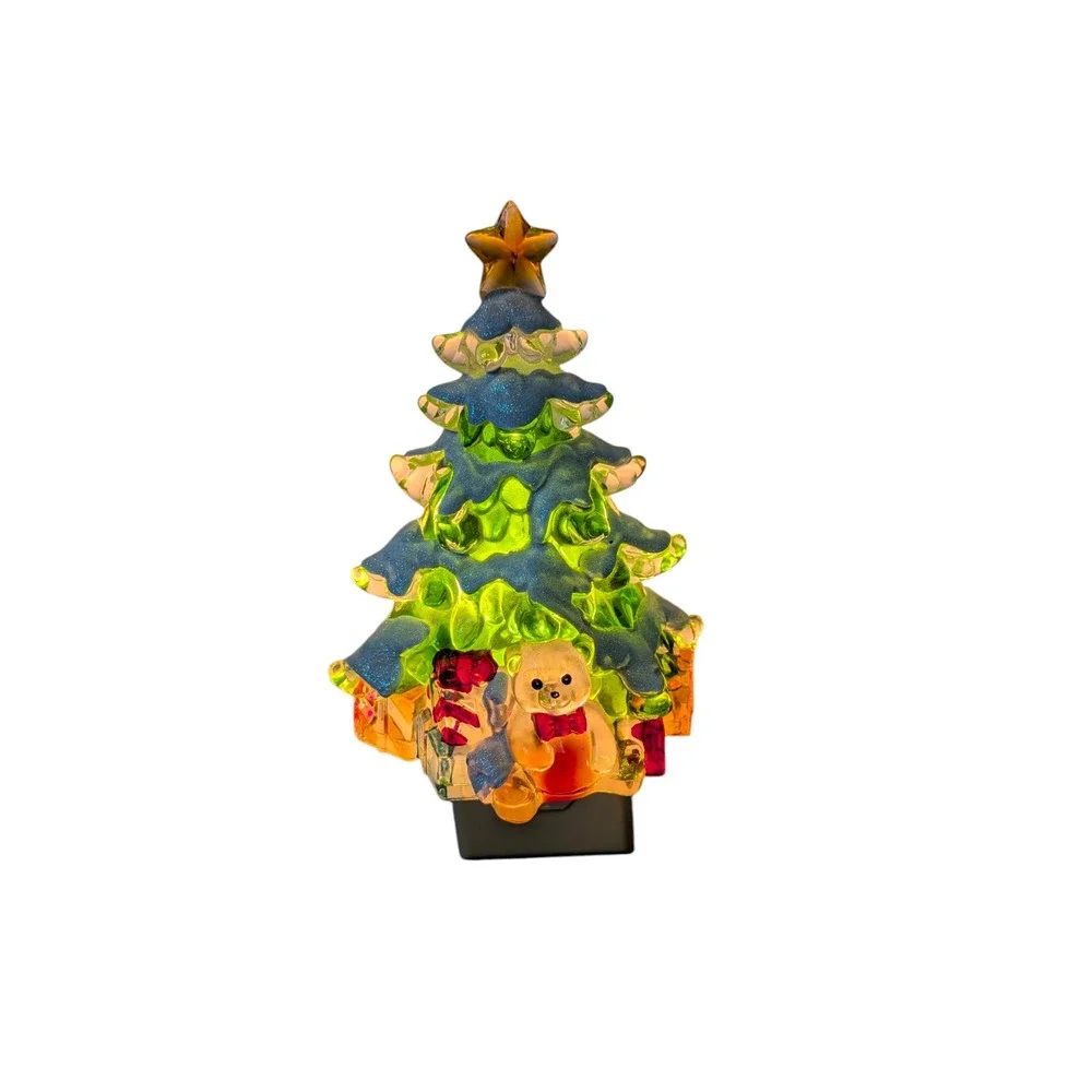 Christmas Tree Teddy Bear Night Light Acrylic Glitter Green Red Holiday Decor